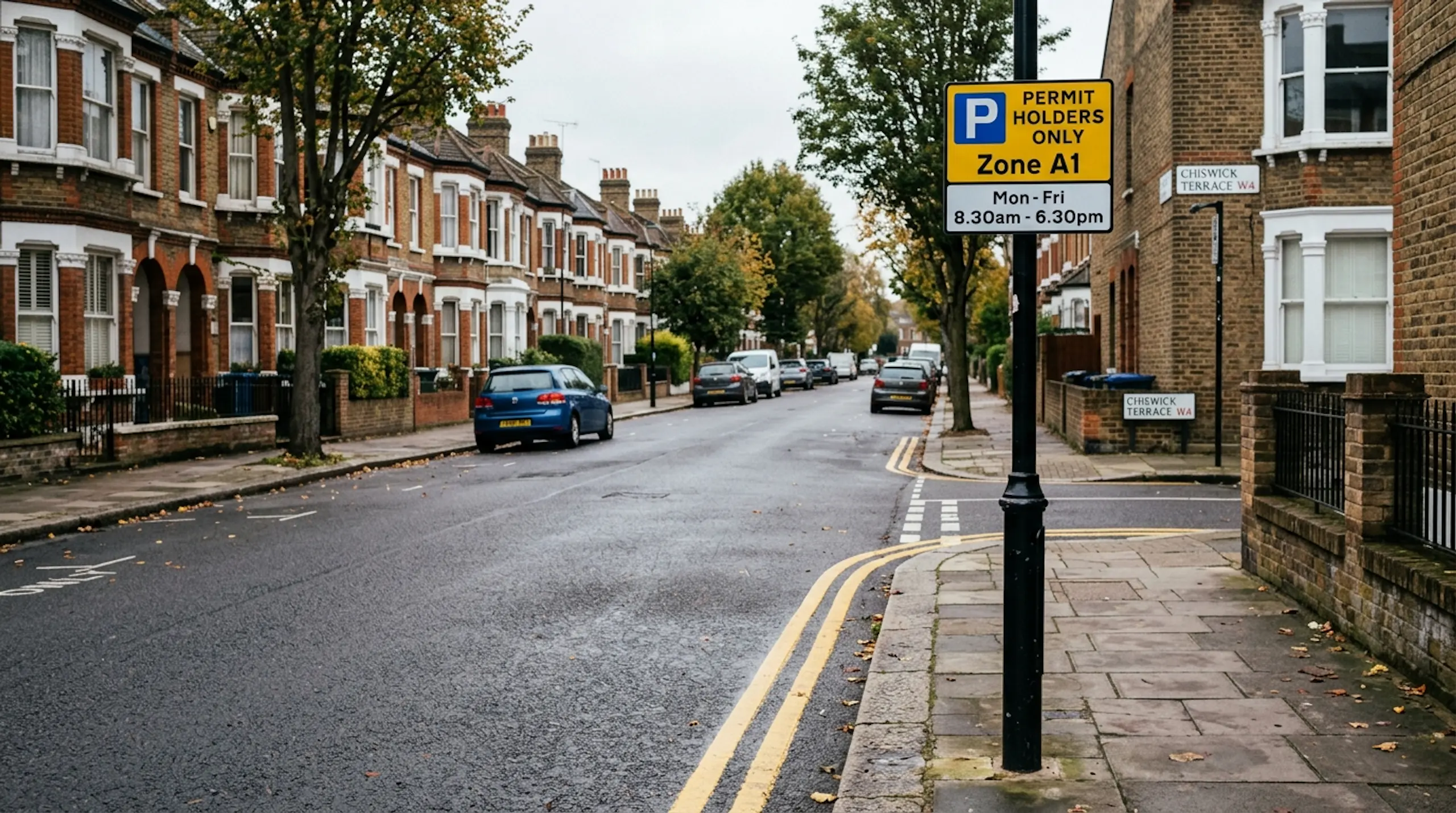 London parking restriction signs and double yellow lines where higher-level PCN charges apply.