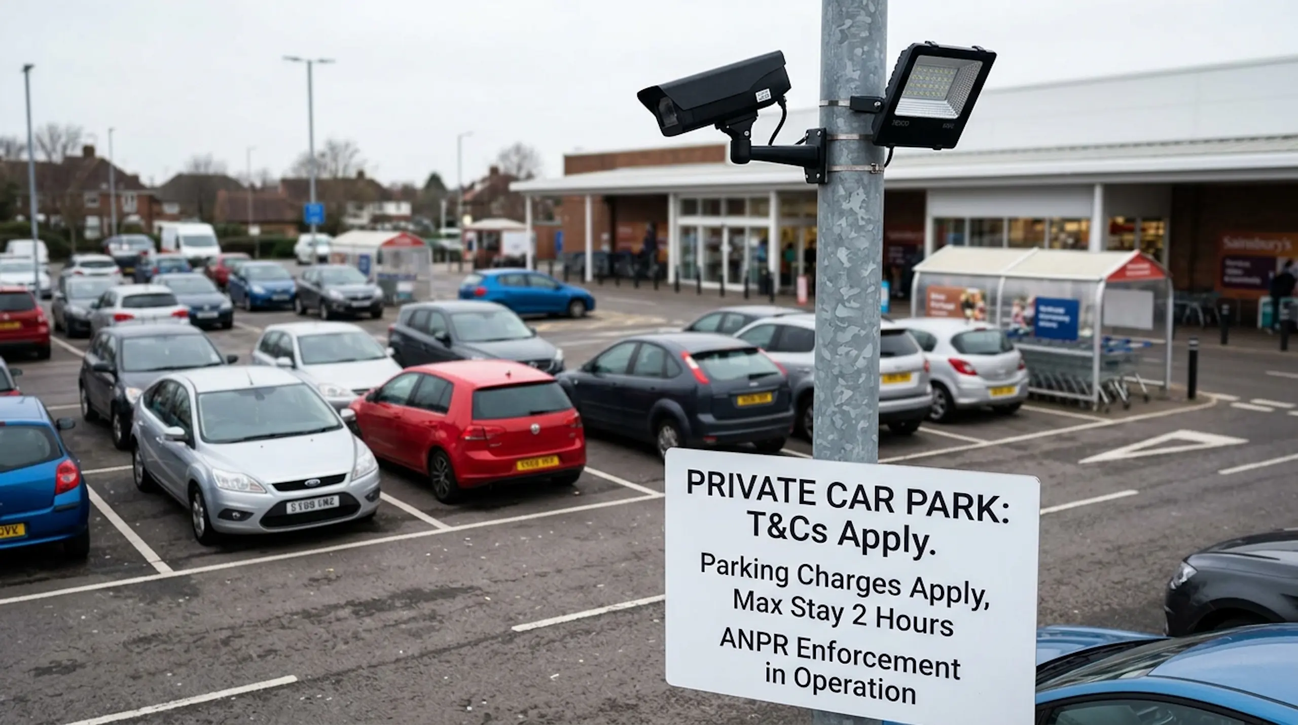 Private car park signage and ANPR camera that can lead to a private parking charge notice.