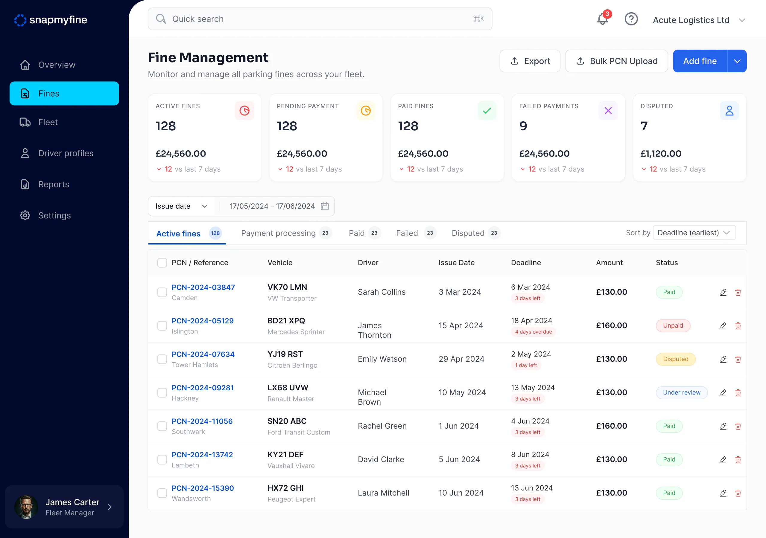 Snapmyfine fleet PCN dashboard fine section