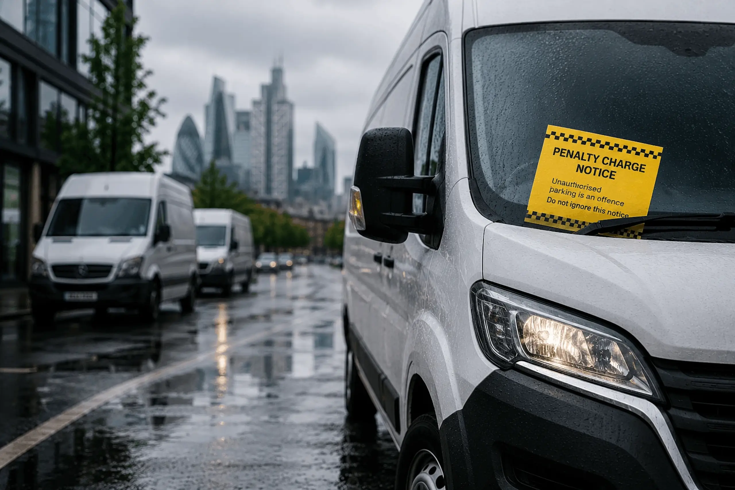 White fleet van with parking ticket on windshield, city street background